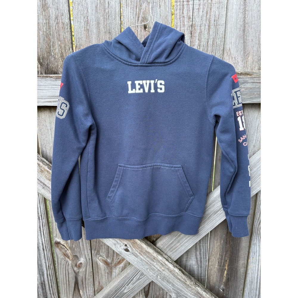 Levis Boys Navy Blue Graphic Sleeve Pullover Hoodie Sweatshirt Size M 10-12